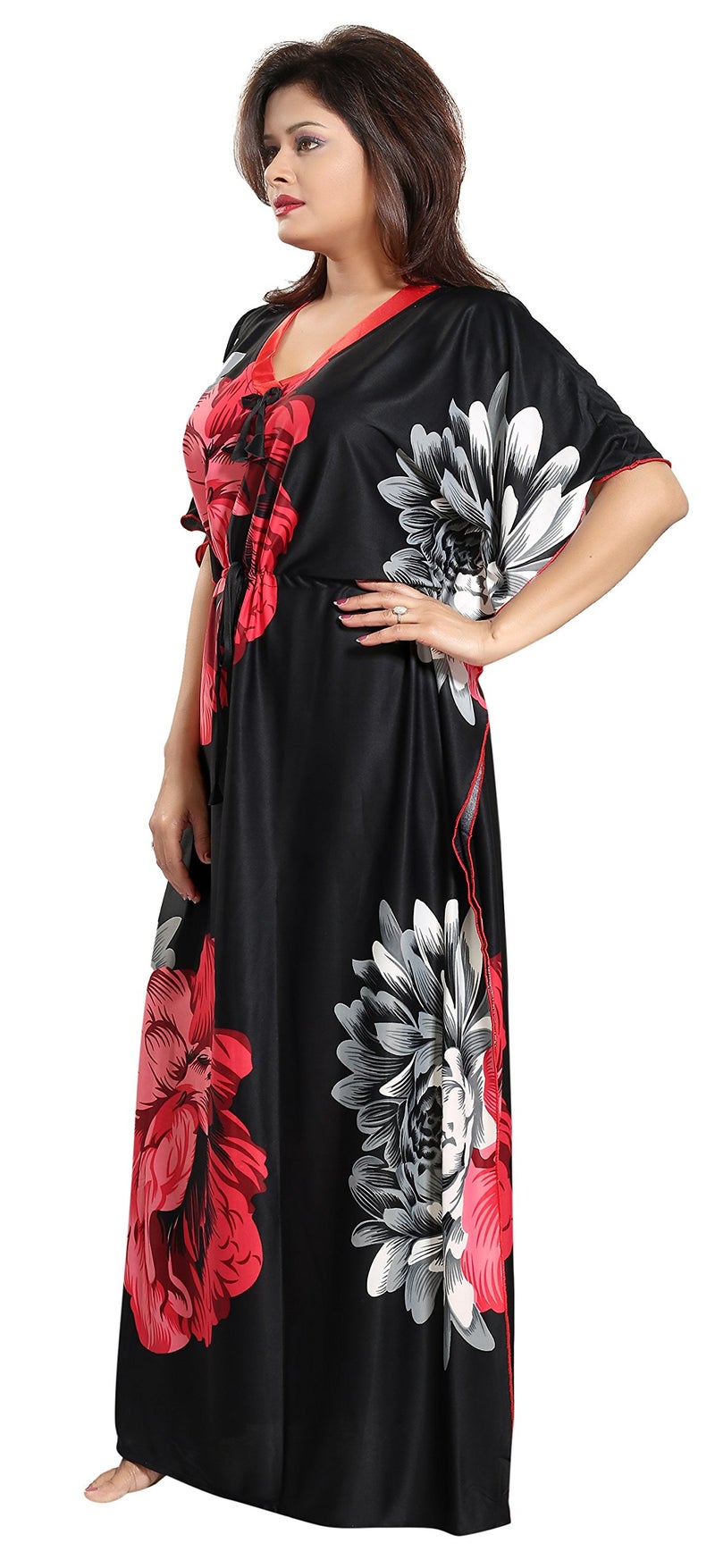 Noty Store Noty Women's Kaftan Nighty | Serena Fabric | Floral Print Maxi | Short Sleeves | V Shaped Neck (XXXX-Large, Red & Black) - Image 2
