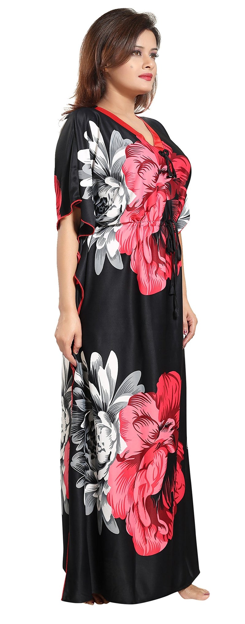 Noty Store Noty Women's Kaftan Nighty | Serena Fabric | Floral Print Maxi | Short Sleeves | V Shaped Neck (XXXX-Large, Red & Black) - Image 3