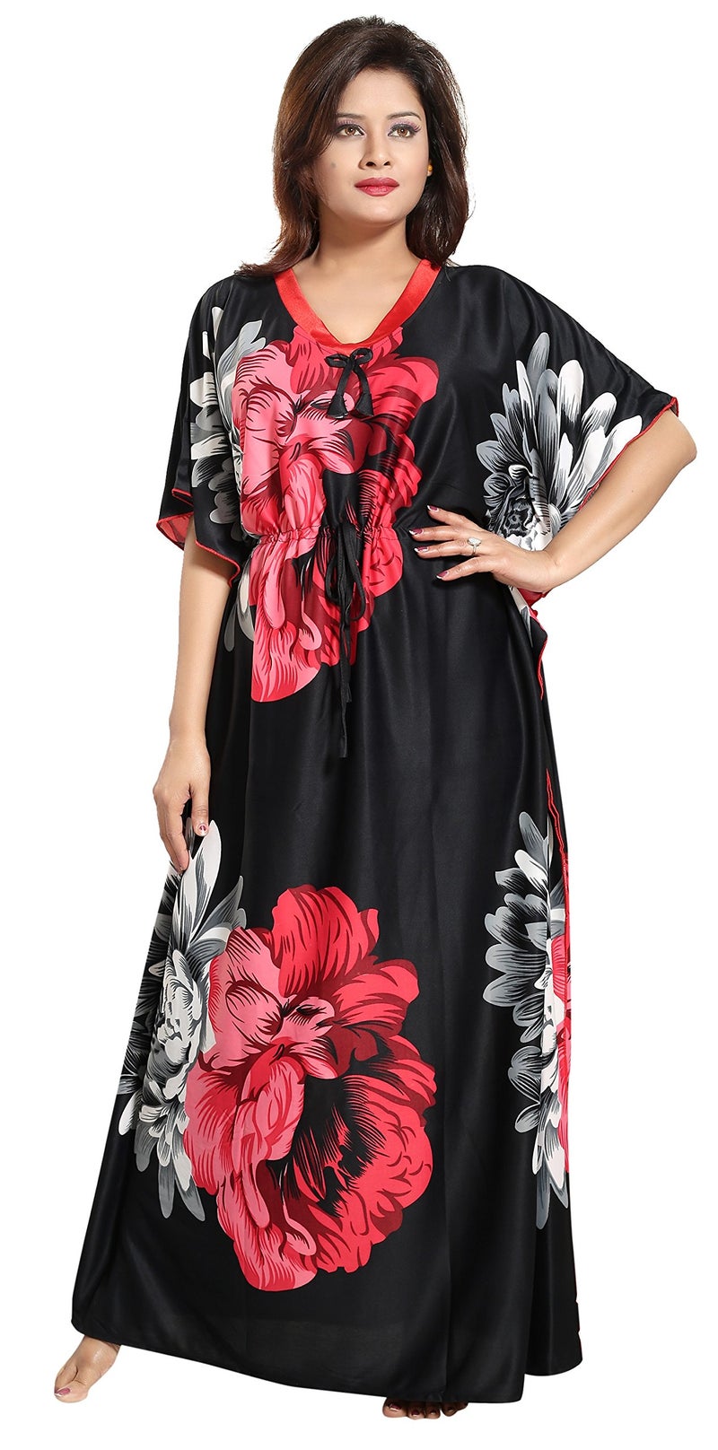 Noty Store Noty Women's Kaftan Nighty | Serena Fabric | Floral Print Maxi | Short Sleeves | V Shaped Neck (XXXX-Large, Red & Black) - Image 1