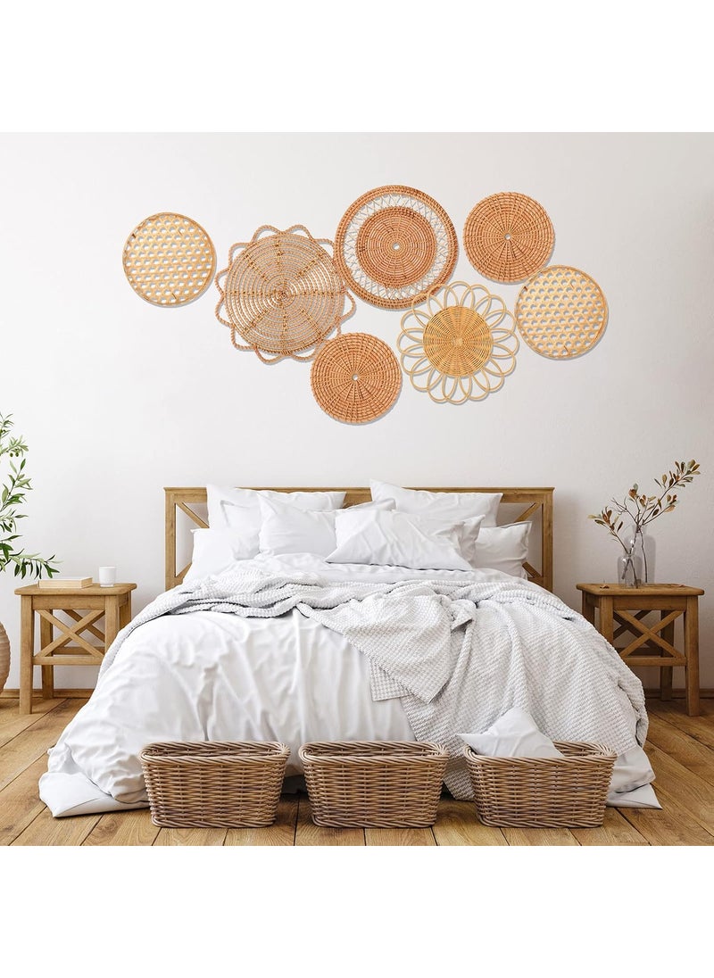 Nuenen Nuenen Set of 7 Boho Wall Hanging Decor Basket Wall Decor Round Bamboo Bohemian Wall Basket Serving Tray Art Handmade Decorative Woven Wall Baskets for Bedroom Room Decoration  - Image 4