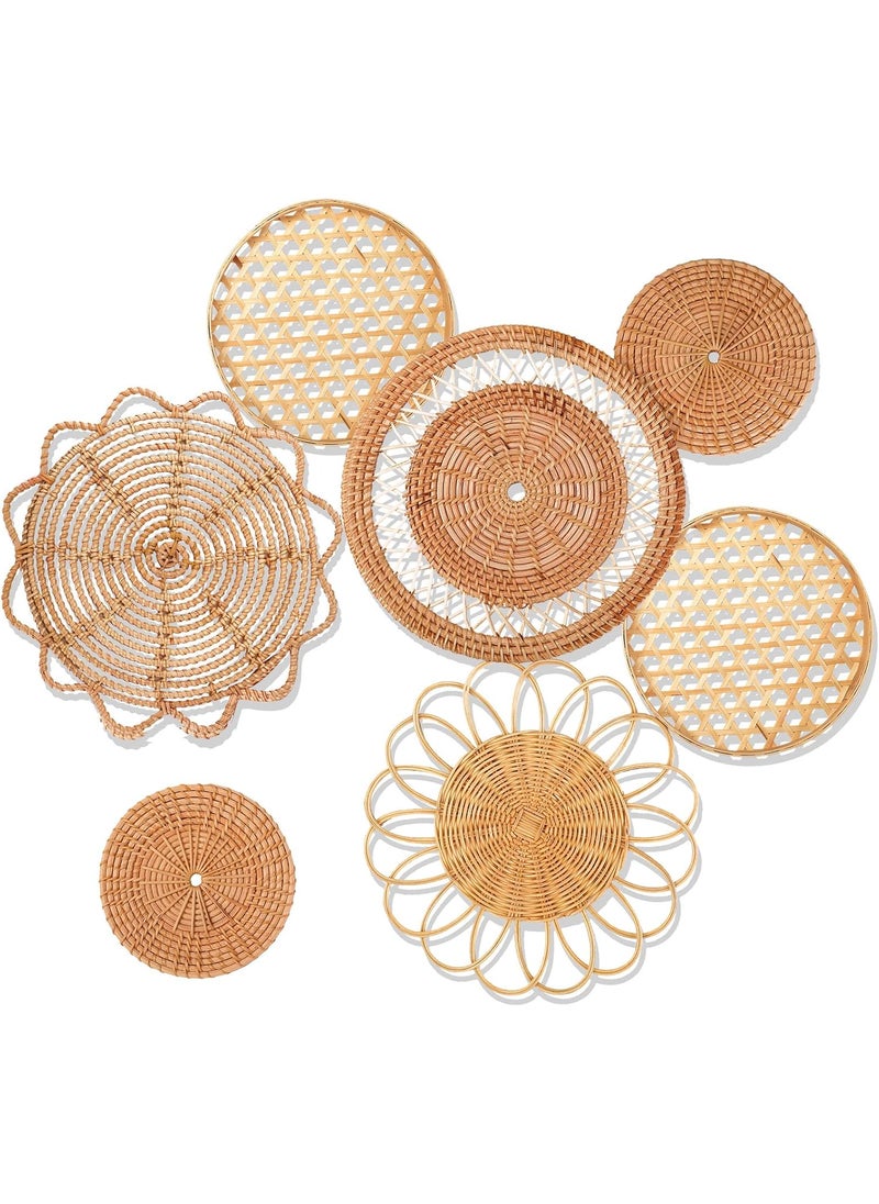 Nuenen Nuenen Set of 7 Boho Wall Hanging Decor Basket Wall Decor Round Bamboo Bohemian Wall Basket Serving Tray Art Handmade Decorative Woven Wall Baskets for Bedroom Room Decoration  - Image 1