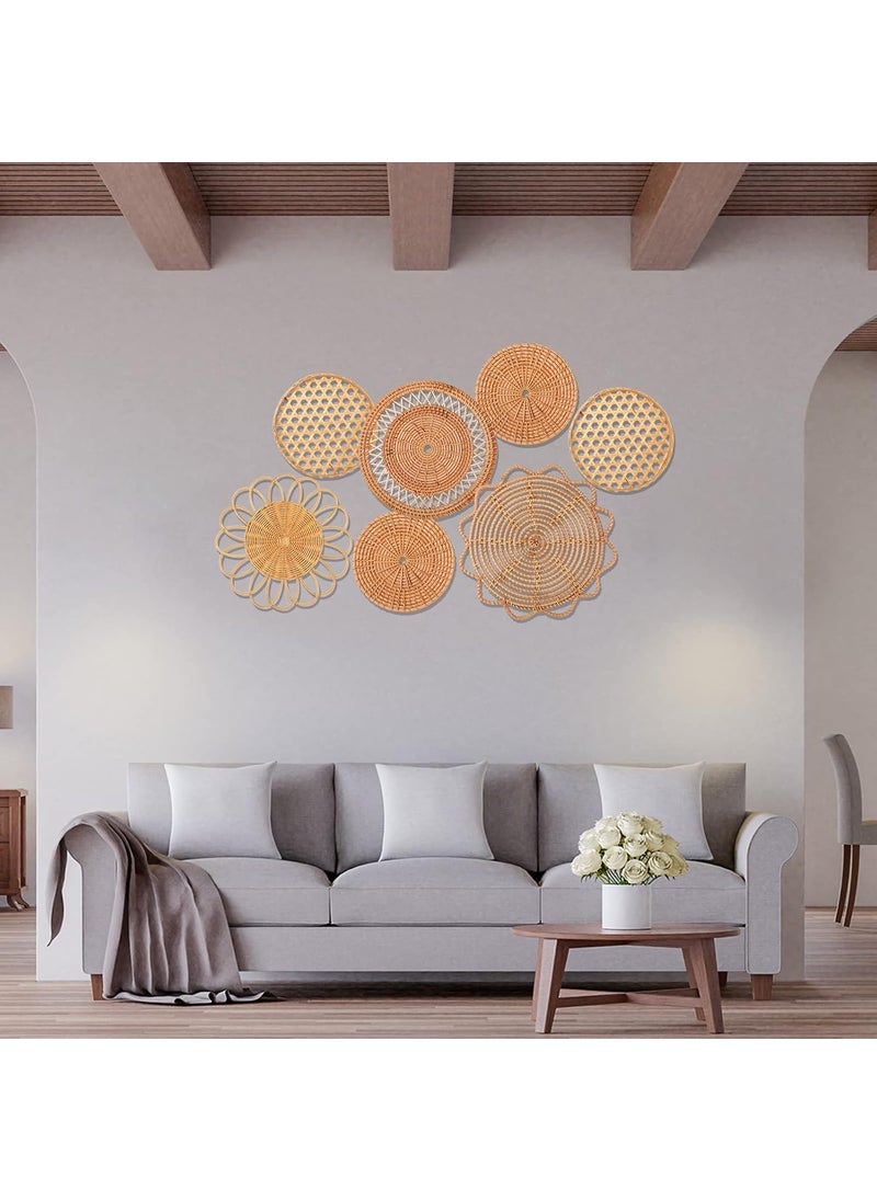 Nuenen Nuenen Set of 7 Boho Wall Hanging Decor Basket Wall Decor Round Bamboo Bohemian Wall Basket Serving Tray Art Handmade Decorative Woven Wall Baskets for Bedroom Room Decoration  - Image 5