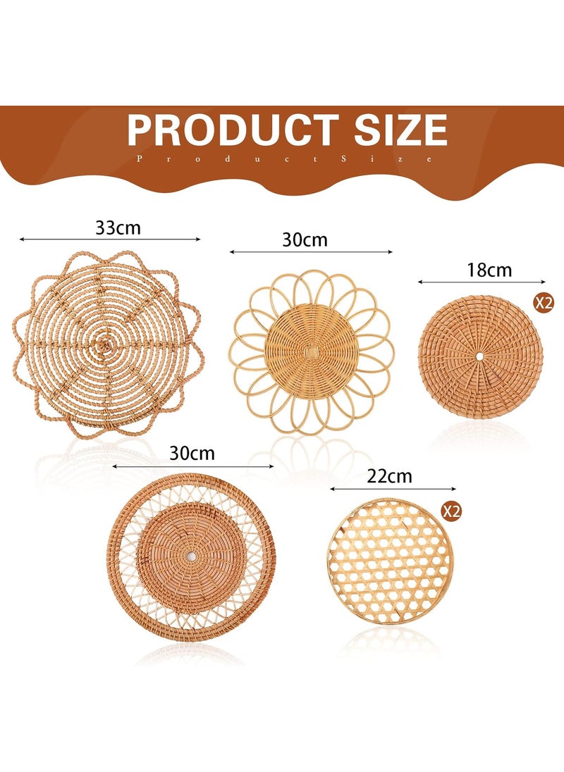 Nuenen Nuenen Set of 7 Boho Wall Hanging Decor Basket Wall Decor Round Bamboo Bohemian Wall Basket Serving Tray Art Handmade Decorative Woven Wall Baskets for Bedroom Room Decoration  - Image 2