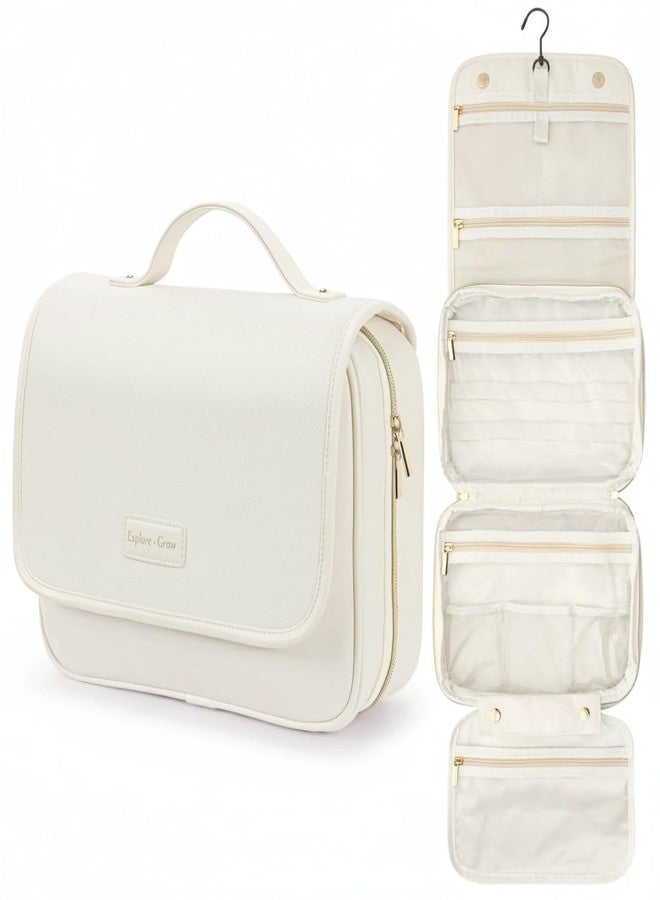 PACKISM Hanging Travel Toiletry Bag for Women - Fabric Travel Makeup Organizer with Detachable Makeup Bag and 4 Smart Large Compartments, for Full-Sized Toiletries, Off White (M) - Image 1