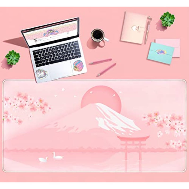 لوحة ماوس أزهار الكرز Kawaii وردية زهرية مكتبية يابانية باستيل ساكورا كبيرة لوحة ماوس ألعاب أنيمي XXL لطيف جمالي جبل فوجي اليابان لوحة المفاتيح الحصير النساء مكتب مكتب منصات 31.5 بوصة × 15.75 بوصة - Image 3