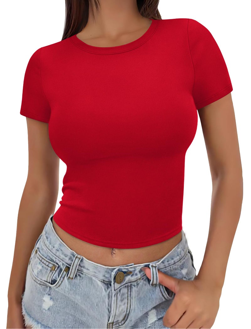 Sampeel Going Out Summer Tops for Women 2024 Trendy Red Tight Shirts Tshirts Slim Fit Christmas Tops M - Image 1