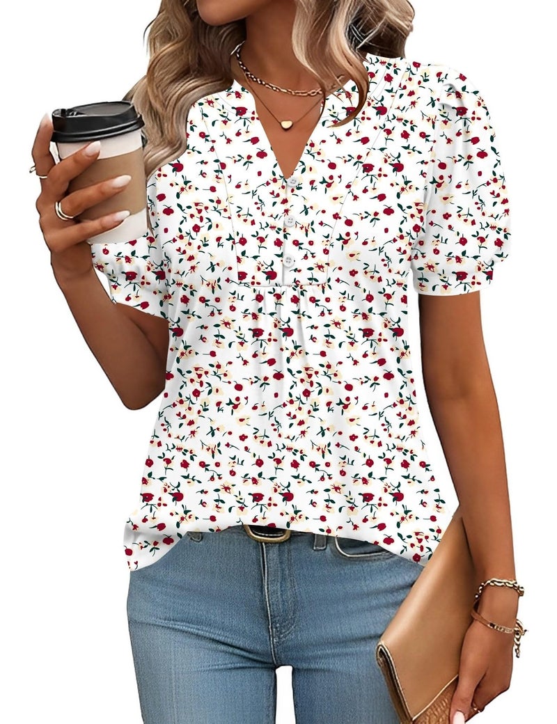 IECCP Womens Summer Tops Casual V Neck Shirts Puff Short Sleeve Button Front Dressy Blouses Loose Fit Pleated Tee Shirts (White Rose,M) - Image 1