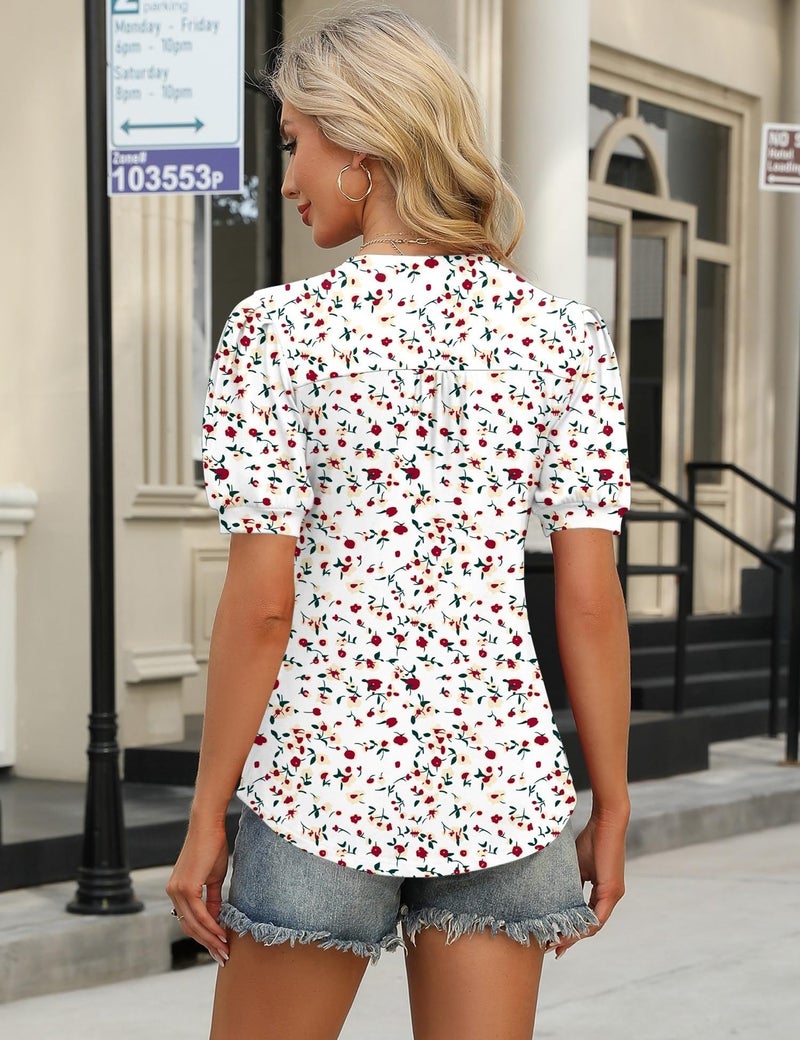 IECCP Womens Summer Tops Casual V Neck Shirts Puff Short Sleeve Button Front Dressy Blouses Loose Fit Pleated Tee Shirts (White Rose,M) - Image 5