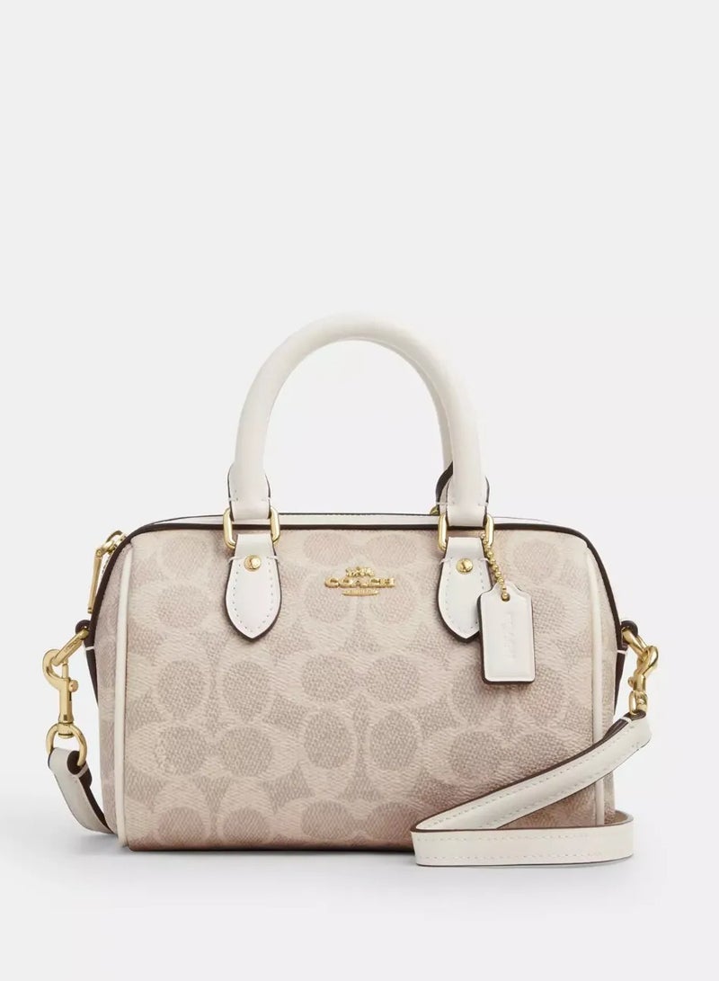 coachoutlet Coach Mini Rowan Satchel Bag In Signature Canvas, Women's Tote Bag, Women's Shoulder Bag, Women's Hand Bag, Women's Travel Bag, Beige-White 19cm - Image 1