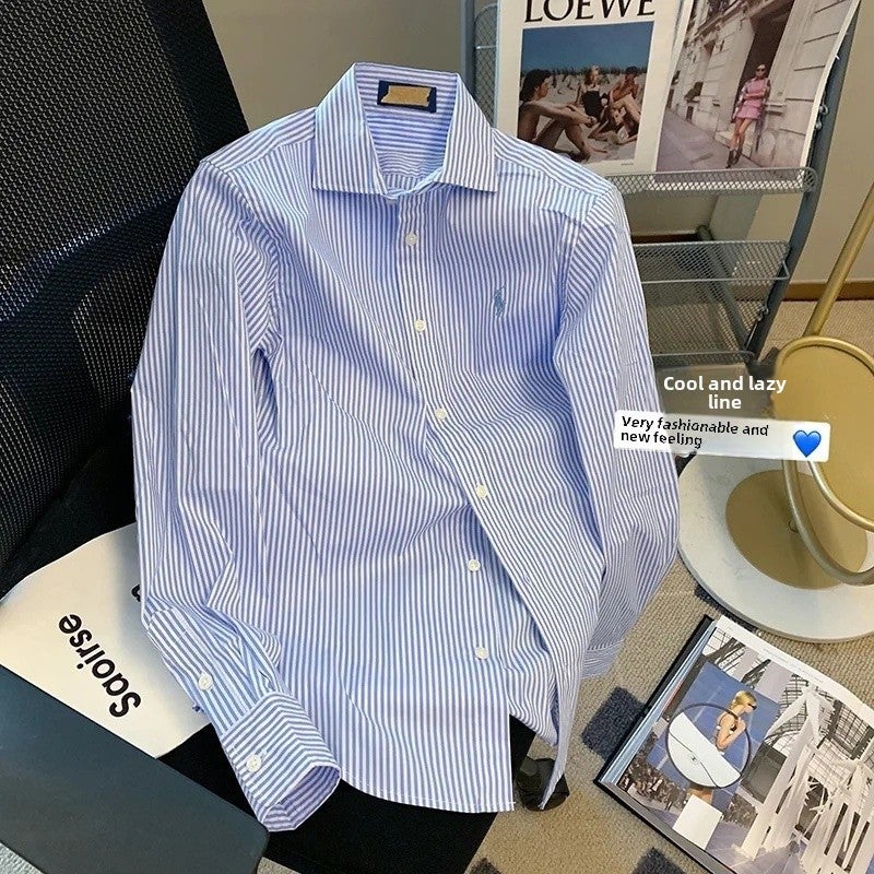 Striped Polo Collar Design Niche Shirt Womens Spring and Autumn New Sweet Western Style Long Sleeve Shirt Top Pink