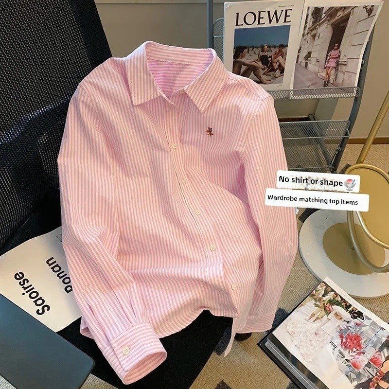 Striped Polo Collar Design Niche Shirt Womens Spring and Autumn New Sweet Western Style Long Sleeve Shirt Top Pink