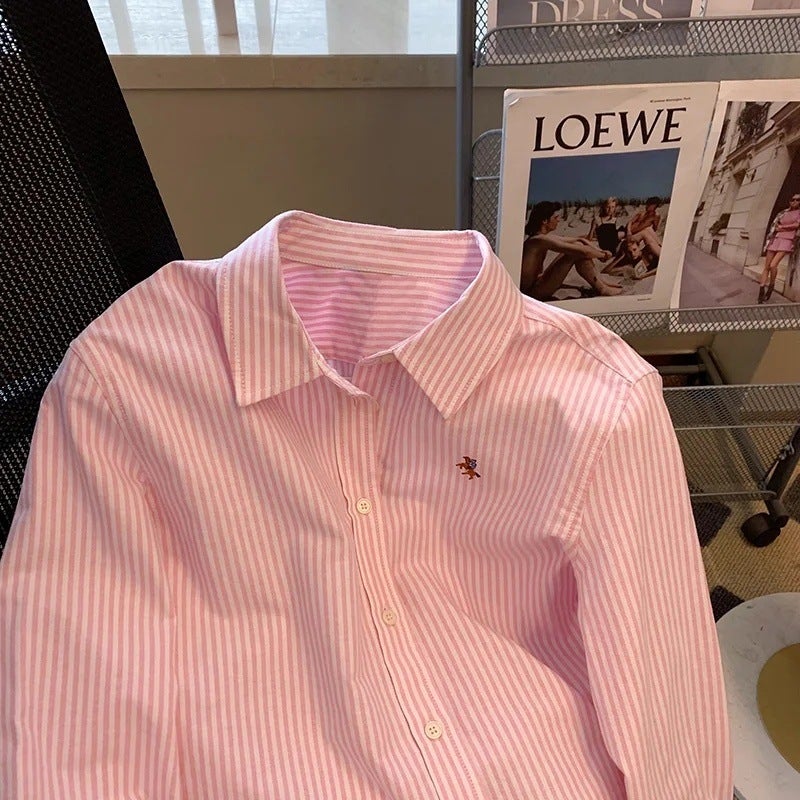 Striped Polo Collar Design Niche Shirt Womens Spring and Autumn New Sweet Western Style Long Sleeve Shirt Top Pink