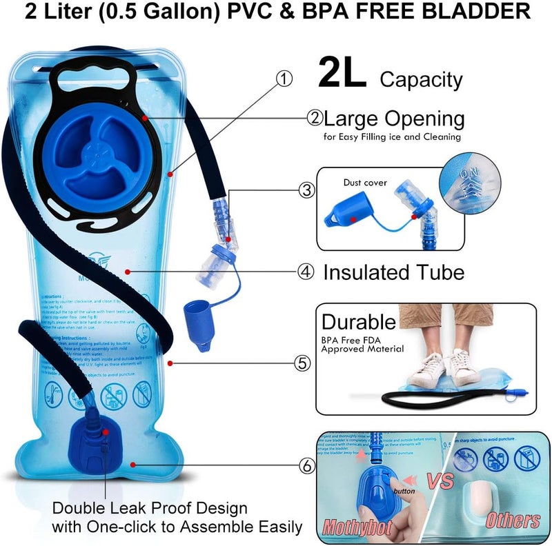 Mothybot Hydration Pack, Insulated Hydration Backpack with 2L BPA Free Water Bladder and Storage, Hiking Backpack for Men, Women, Kids for Running, Cycling, Camping - Keep Liquid Cool up to 5 Hours - Image 5