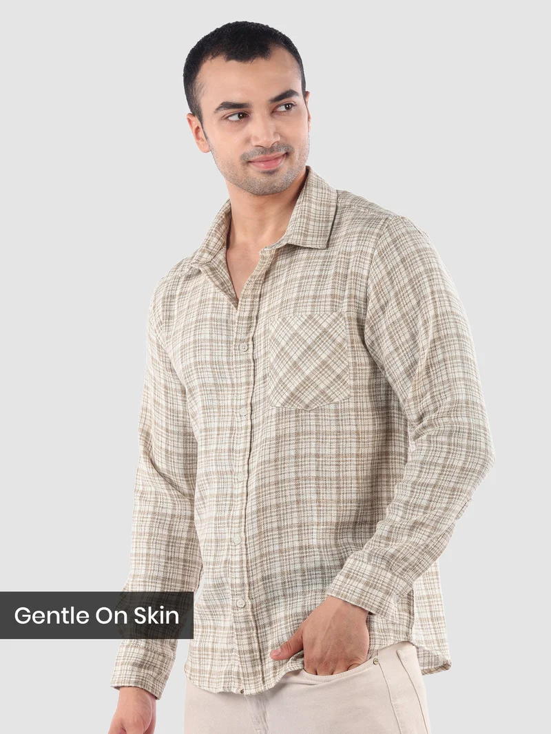 Beyoung Beige Busy Check Cotton Shirt