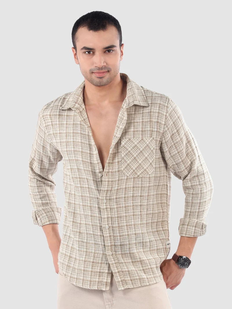 Beyoung Beige Busy Check Cotton Shirt