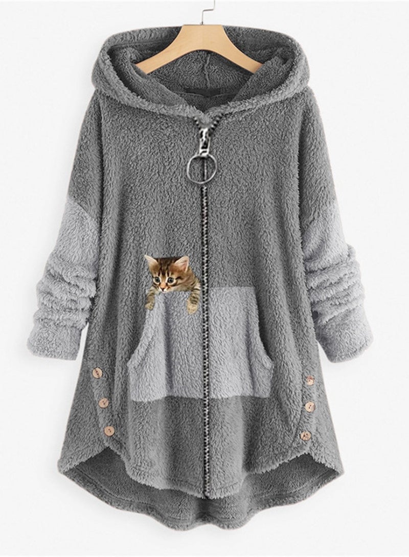 Loquat Street Hipster Zipper Women's Casual Loose Warm Mid-Length Jacket Grey  - Image 1