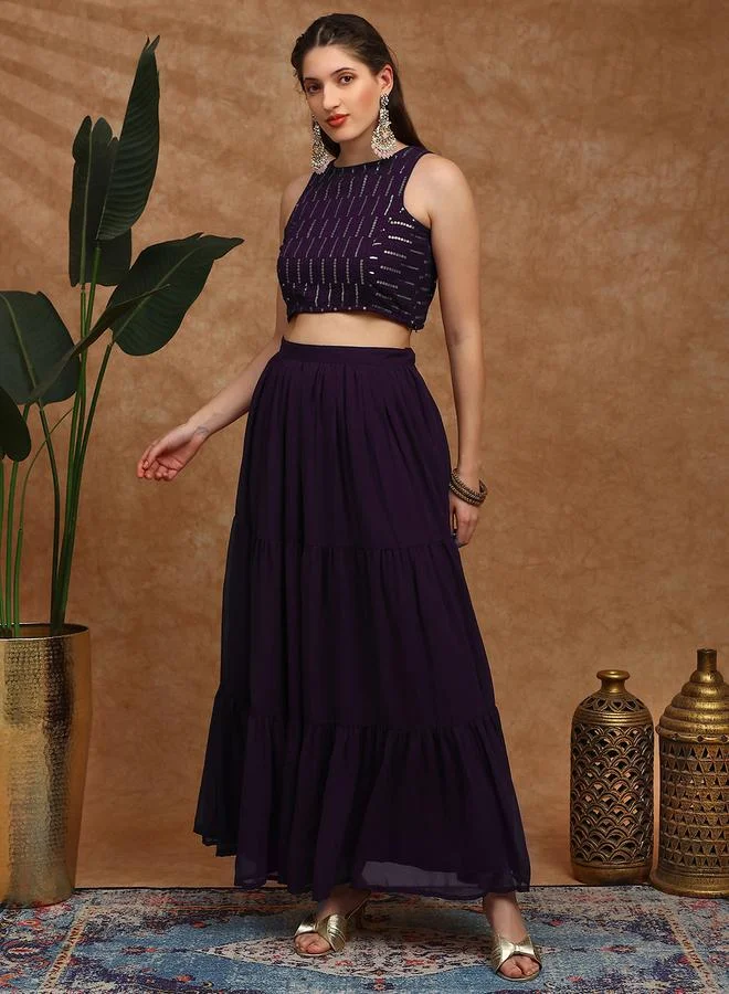 globus Women Sequined Georgette Crop Top and Tiered Skirt Fusion Co-Ords