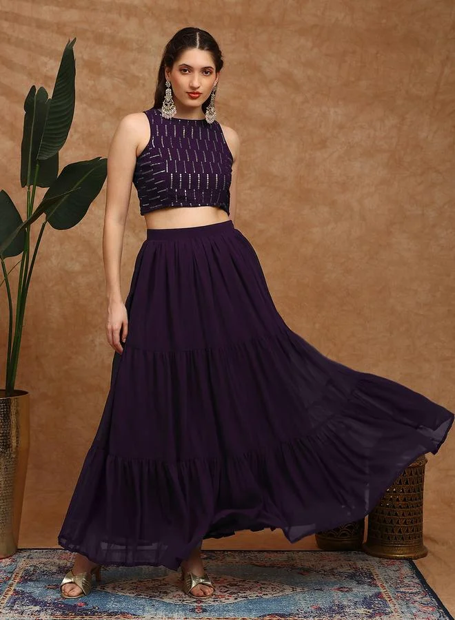 globus Women Sequined Georgette Crop Top and Tiered Skirt Fusion Co-Ords