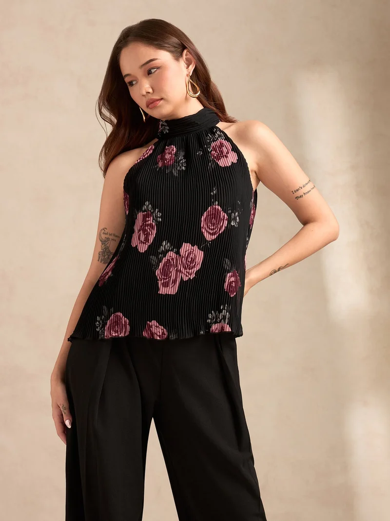 OUTZIDR  Black Halter Neck Plisse Flared Printed Top for Women | Best Price UAE