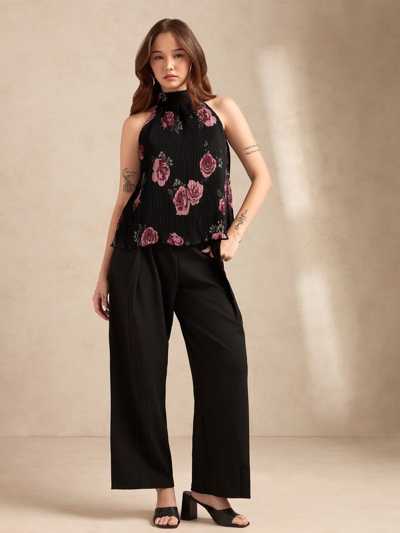 OUTZIDR Black Halter Neck Plisse Flared Printed Top - Image 3
