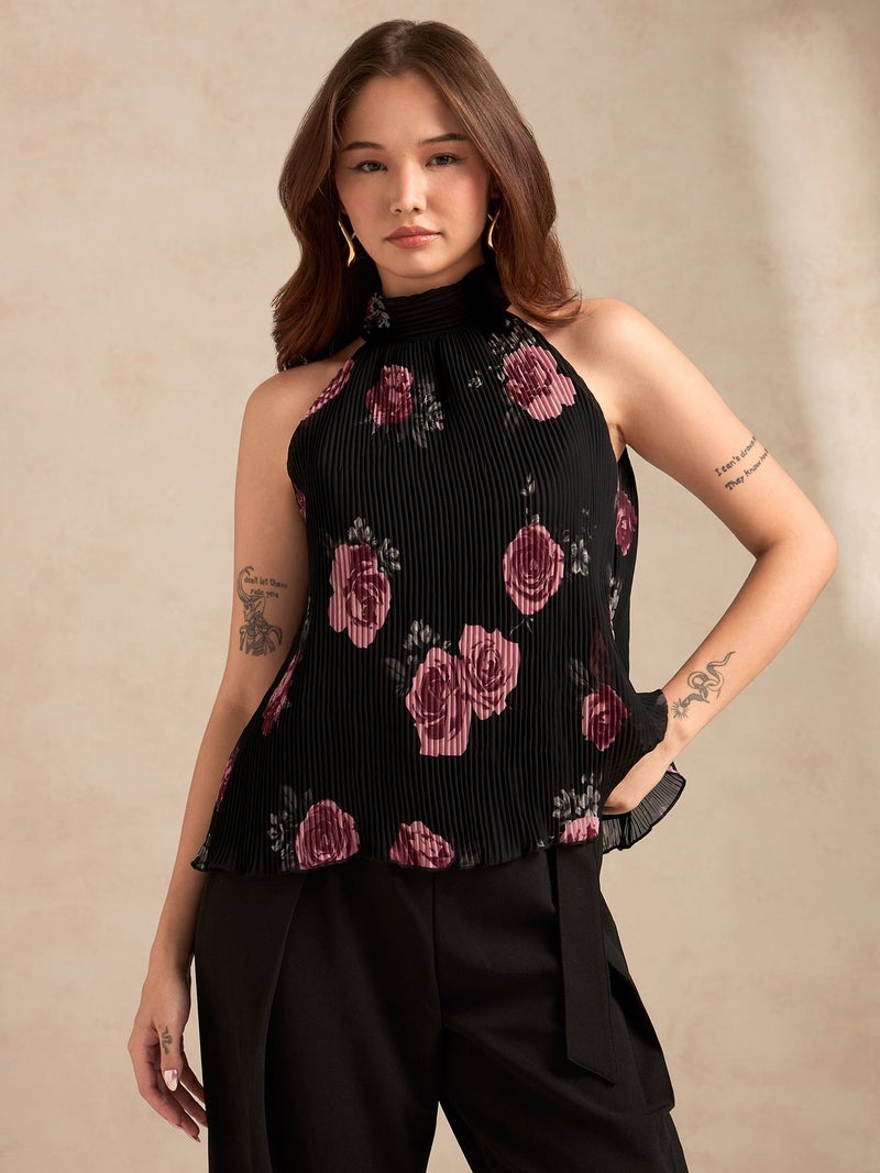 OUTZIDR Black Halter Neck Plisse Flared Printed Top - Image 1