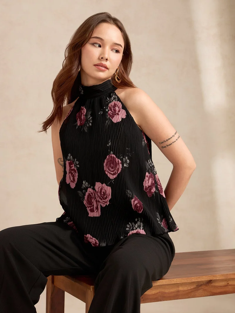 OUTZIDR  Black Halter Neck Plisse Flared Printed Top for Women | Best Price UAE