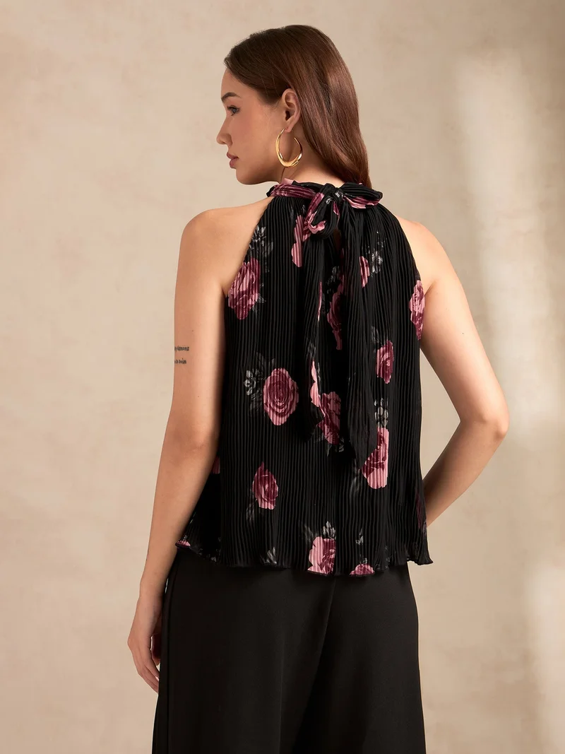 OUTZIDR  Black Halter Neck Plisse Flared Printed Top for Women | Best Price UAE