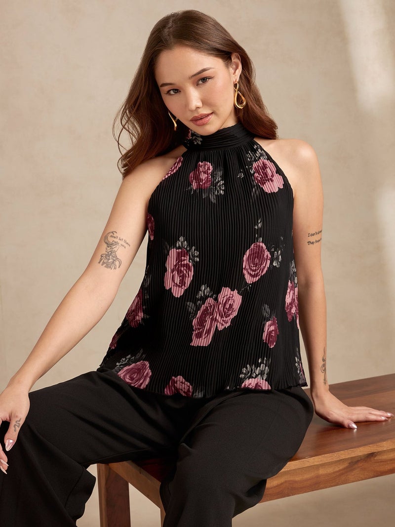 OUTZIDR Black Halter Neck Plisse Flared Printed Top - Image 2