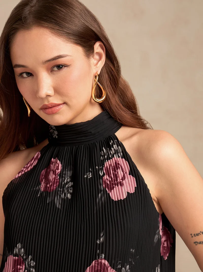 OUTZIDR  Black Halter Neck Plisse Flared Printed Top for Women | Best Price UAE