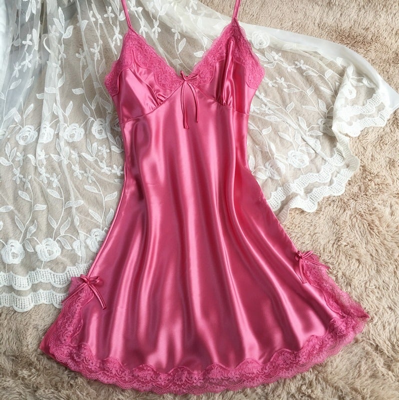Ai Ju Si Women's Satin Silk Cami Nightdress V-Neck Sleeveless Short Homewear Summer Sleepwear - Image 1