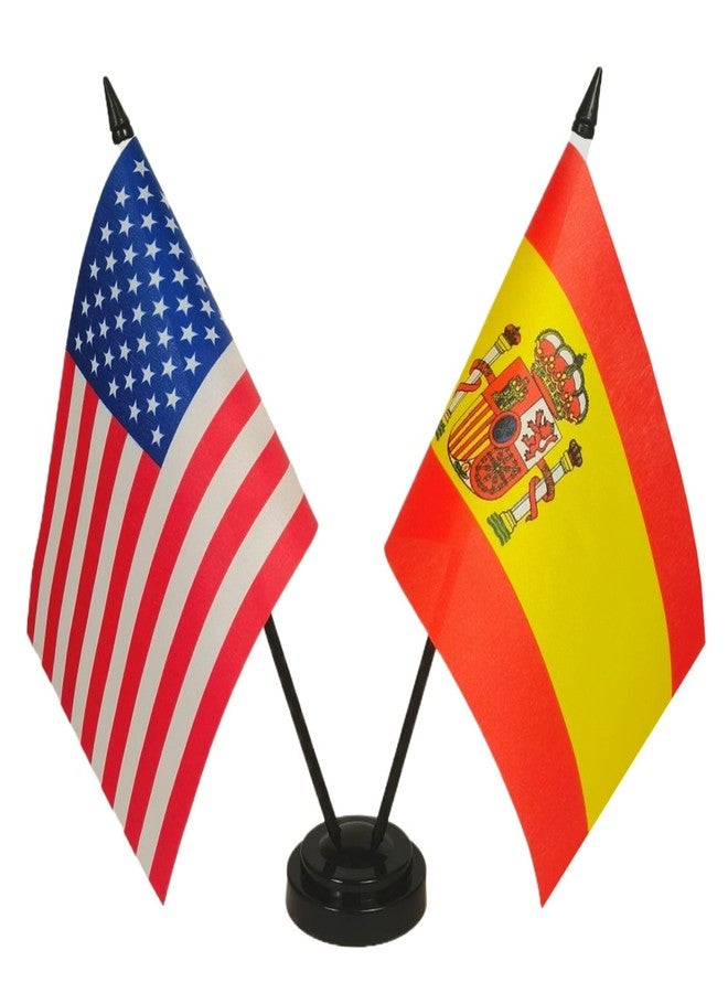 Zigvert US & Spain Twin Desk Flag Set - Miniature US & Spain Combination Flag, 8.2" x 5.5" (WxL), Tabletop Mount, Perfect for Office, Home, Independence Day - Image 1