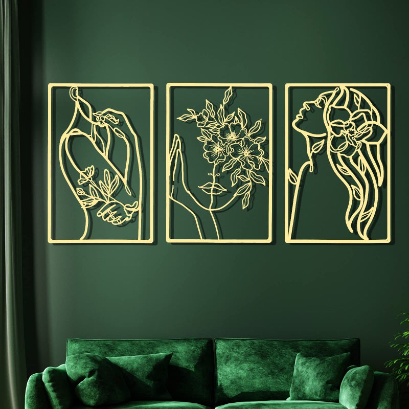Chengu CHENGU 3 Pieces Gold Wall Decor Minimalist Wall Art Metal Line Wall Art Wall Decor for Bedroom Single Line Female for Kitchen Bathroom Living RoomFlower 
