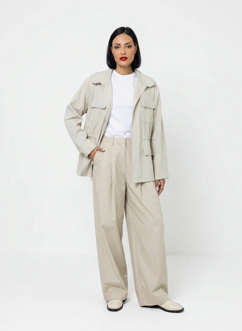 Bond Beige Structured High-Waist Wide-Leg Pants