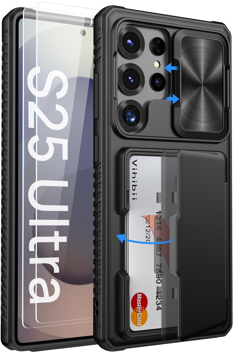 Vihibii for Samsung Galaxy S25 Ultra Case with Card Holder (4 Cards), Built-in 2X Tempered Glass Screen Protector & Slide Camera Cover, Rugged & Shockproof Wallet Case for S25 Ultra 6.9" 2025, Black - Image 1