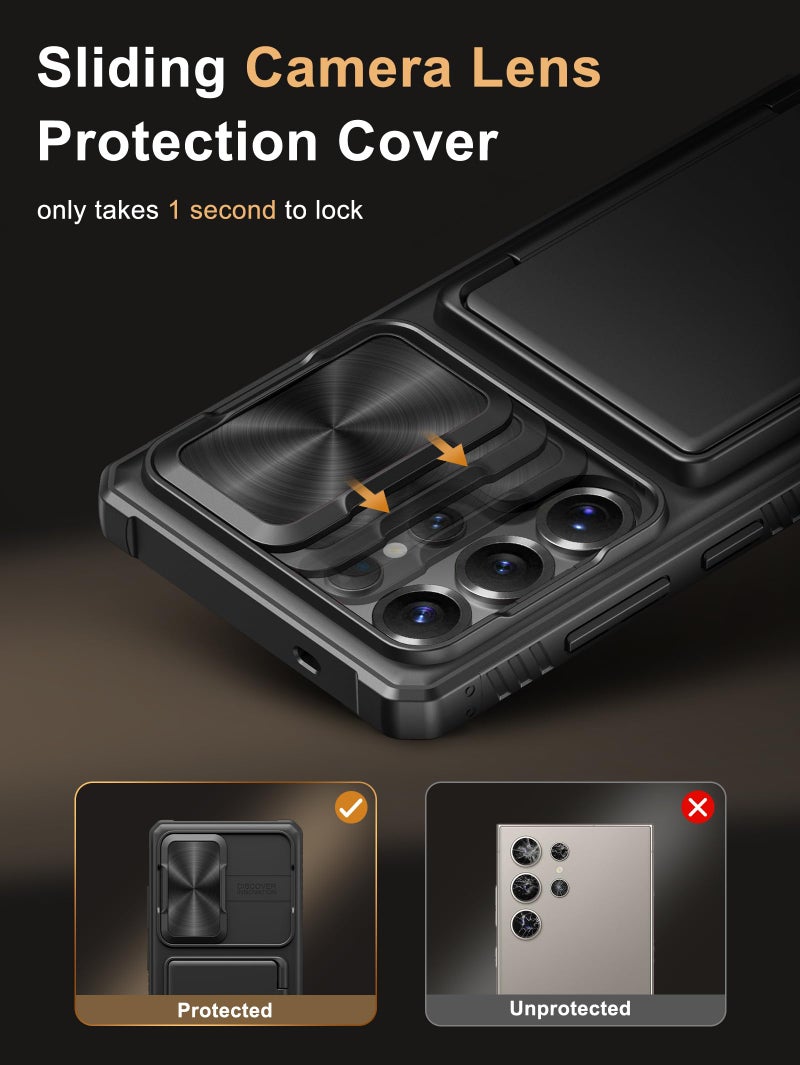 Vihibii for Samsung Galaxy S25 Ultra Case with Card Holder (4 Cards), Built-in 2X Tempered Glass Screen Protector & Slide Camera Cover, Rugged & Shockproof Wallet Case for S25 Ultra 6.9" 2025, Black - Image 5
