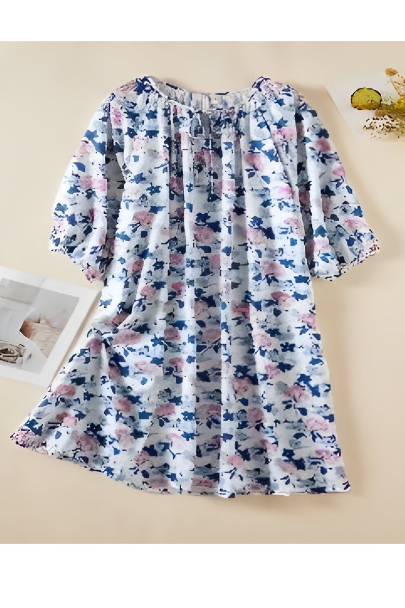 فستان نسائي واسع من الحرير – مقاس حر – تصميم كفتان مزخرف أنيق – بأكمام نصفية وياقة دائرية – قماش خفيف وتهوية ممتازة – فستان صيفي، ملابس منزلية، ملابس نوم، ملابس يومية