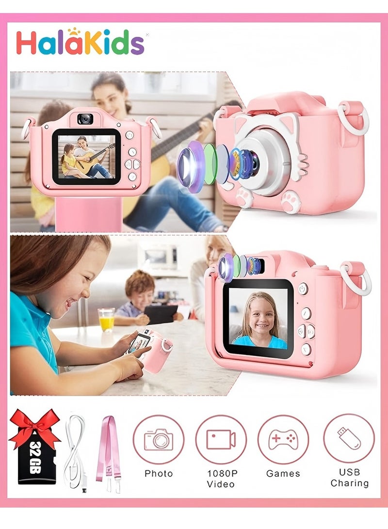 هالاكيدس هدية كاميرا للأطفال للبنات الأولاد الذين تتراوح أعمارهم بين 3-12 عاما مع بطاقة ذاكرة 32 جرام وحبل وردي - Image 1