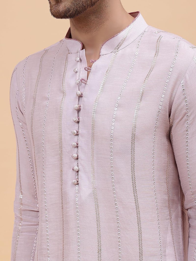 See Designs Pink & White Regular Fit Self Pattern Kurta Set Mandarin Collar Long Sleeves_SDSKT128301L - Image 3