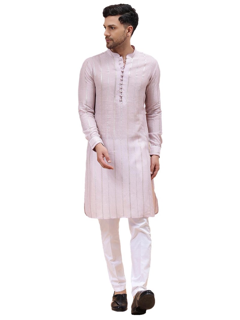 See Designs Pink & White Regular Fit Self Pattern Kurta Set Mandarin Collar Long Sleeves_SDSKT128301L - Image 1