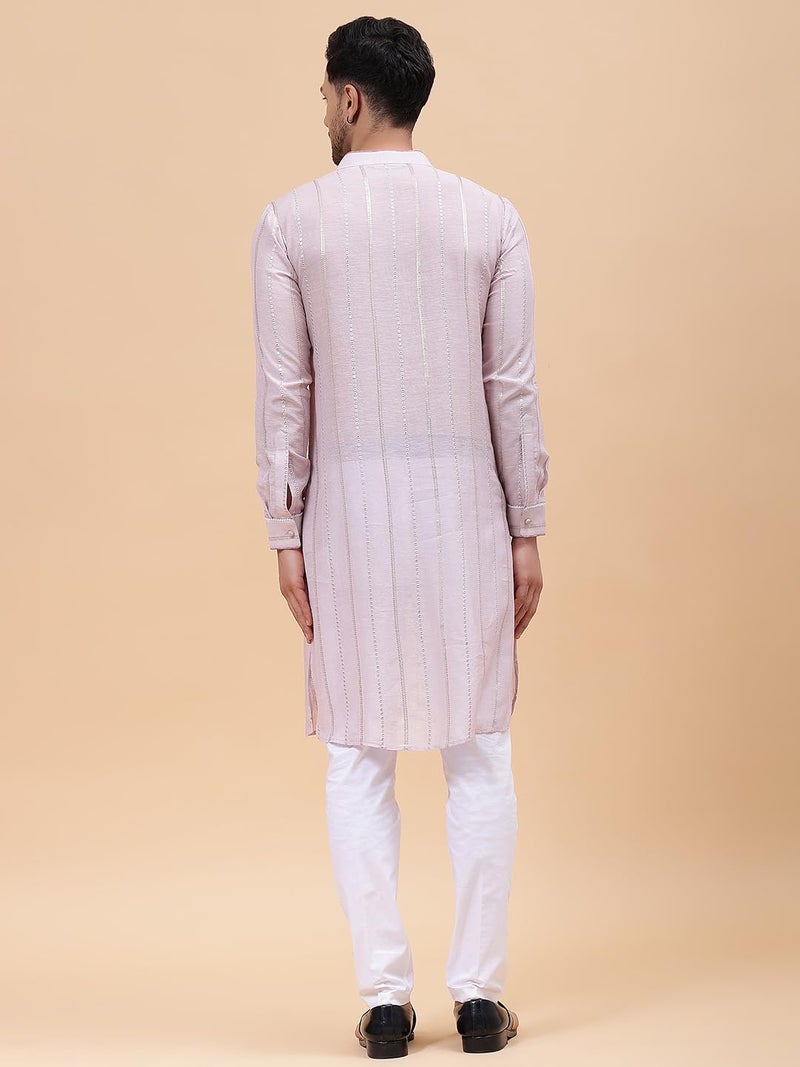 See Designs Pink & White Regular Fit Self Pattern Kurta Set Mandarin Collar Long Sleeves_SDSKT128301L - Image 2