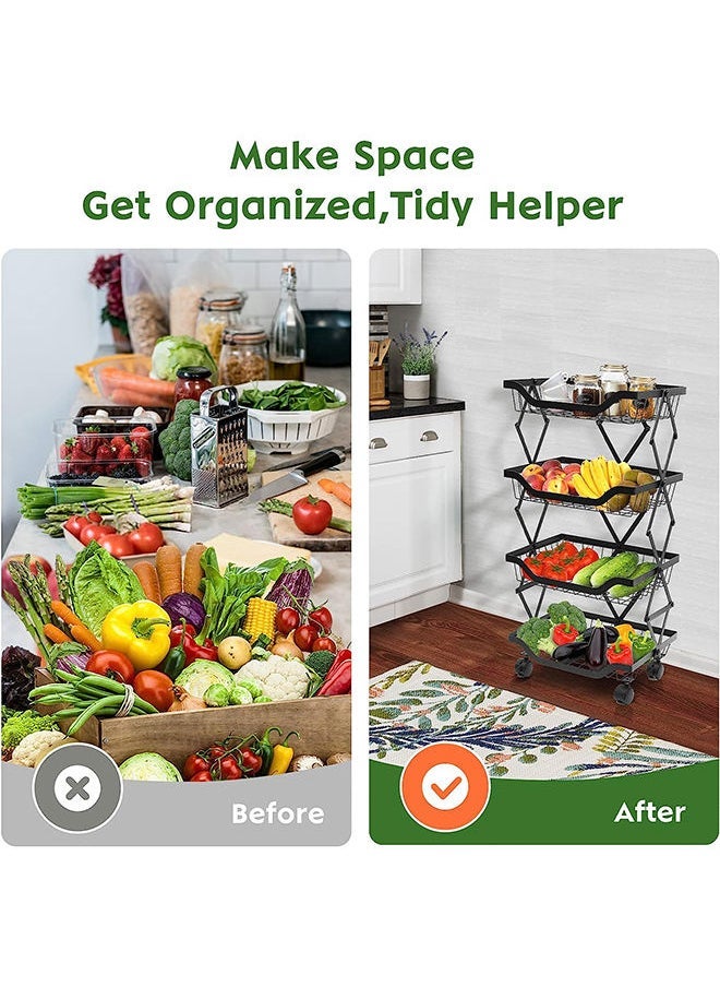 4-Tier Fruit Basket Cart with Wheels, Metal Wire Fruit Vegetable Storage Basket Organizer for Kitchen, No Installation Required and Foldable Utility storage shelf Cart for Pantry,Bathroom (Black)