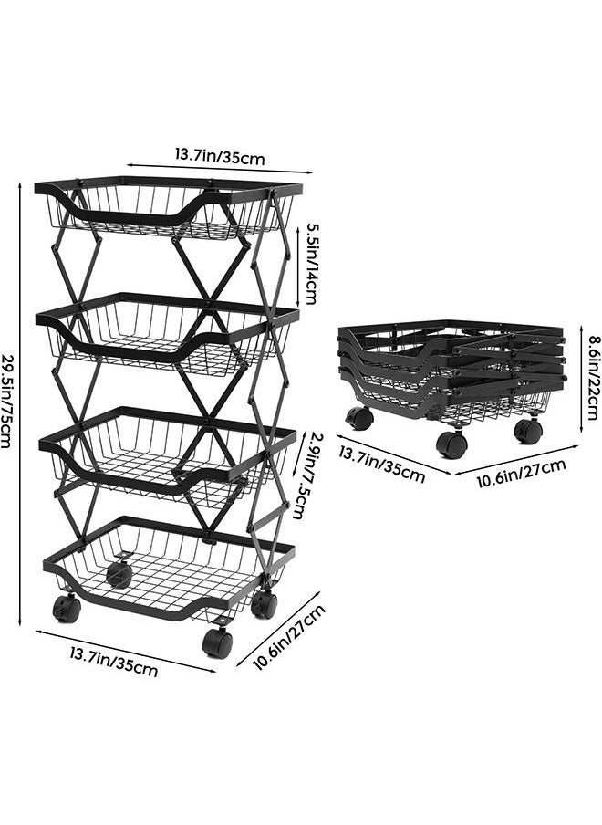 4-Tier Fruit Basket Cart with Wheels, Metal Wire Fruit Vegetable Storage Basket Organizer for Kitchen, No Installation Required and Foldable Utility storage shelf Cart for Pantry,Bathroom (Black)