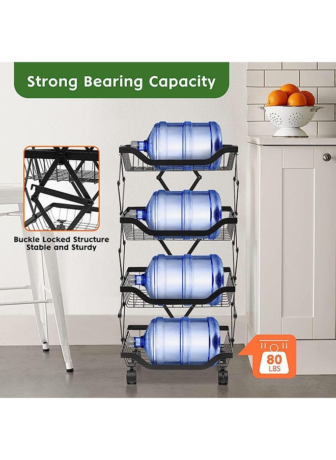 4-Tier Fruit Basket Cart with Wheels, Metal Wire Fruit Vegetable Storage Basket Organizer for Kitchen, No Installation Required and Foldable Utility storage shelf Cart for Pantry,Bathroom (Black)