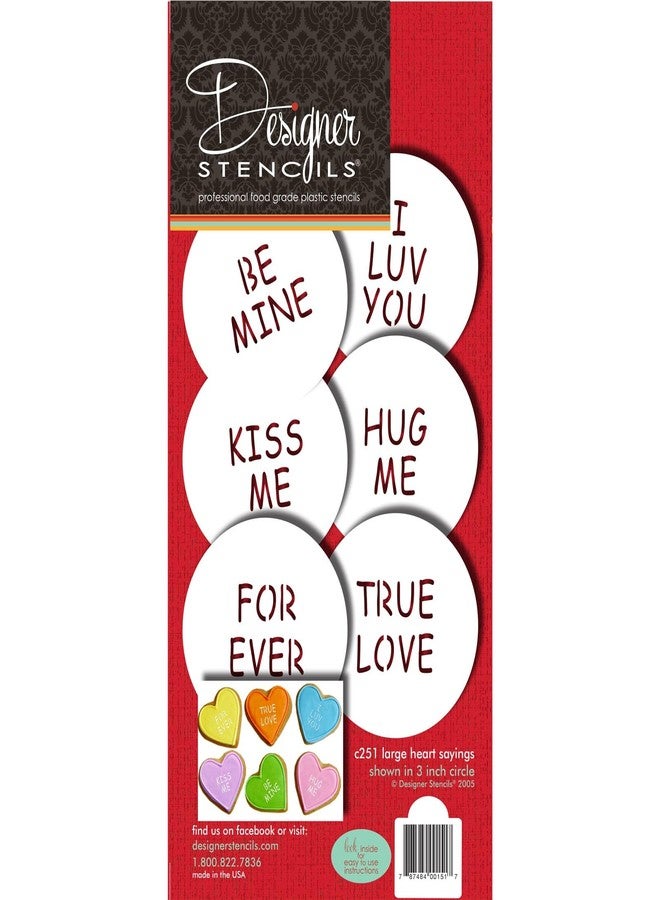Designer Stencils Large Candy Heart Sayings Cookie Stencils, Beige/semi-transparent, fits 3 inch circle - Image 1