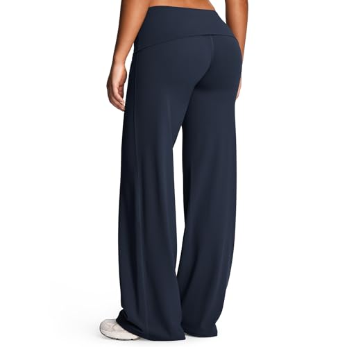 Aoxjox Womens Workout Athlenza Fold Over Waist Straight Leg Bottoms Lumastretch Gym Yoga Pants 31 Navy Small - Image 1
