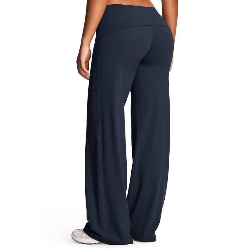 Aoxjox Womens Workout Athlenza Fold Over Waist Straight Leg Bottoms Lumastretch Gym Yoga Pants 31 Navy Small - Image 2