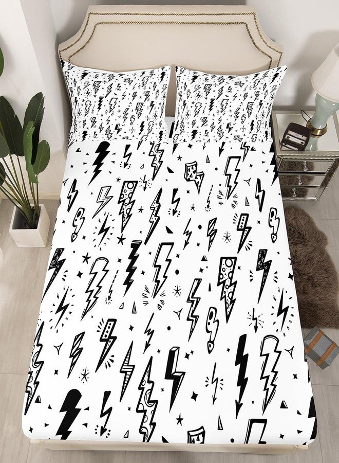 Homewish Gaming Flash Fitted Sheet Twin,Boys Lightning Strike Graffiti Bedding Set for Kids Teens Gamer Room Decor,Cartoon Natural Warning Bed Sheet Set Modern Cool Bed Cover 2pcs,1 Pillowcase,White - Image 1