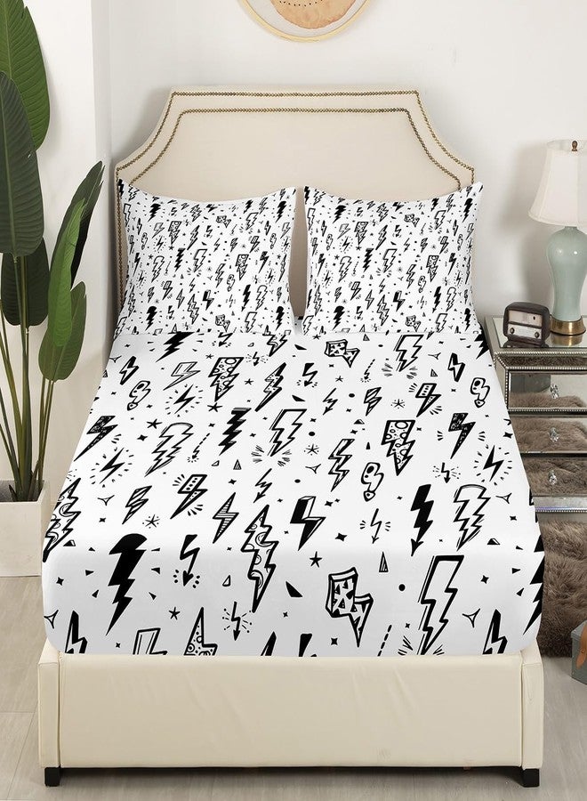 Homewish Gaming Flash Fitted Sheet Twin,Boys Lightning Strike Graffiti Bedding Set for Kids Teens Gamer Room Decor,Cartoon Natural Warning Bed Sheet Set Modern Cool Bed Cover 2pcs,1 Pillowcase,White - Image 2