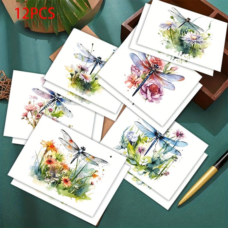 12 بطاقة تهنئة بألوان مائية بتصميم زهري مع أظرف، تحتوي على رسومات اليعسوب والزهور البرية - Image 1