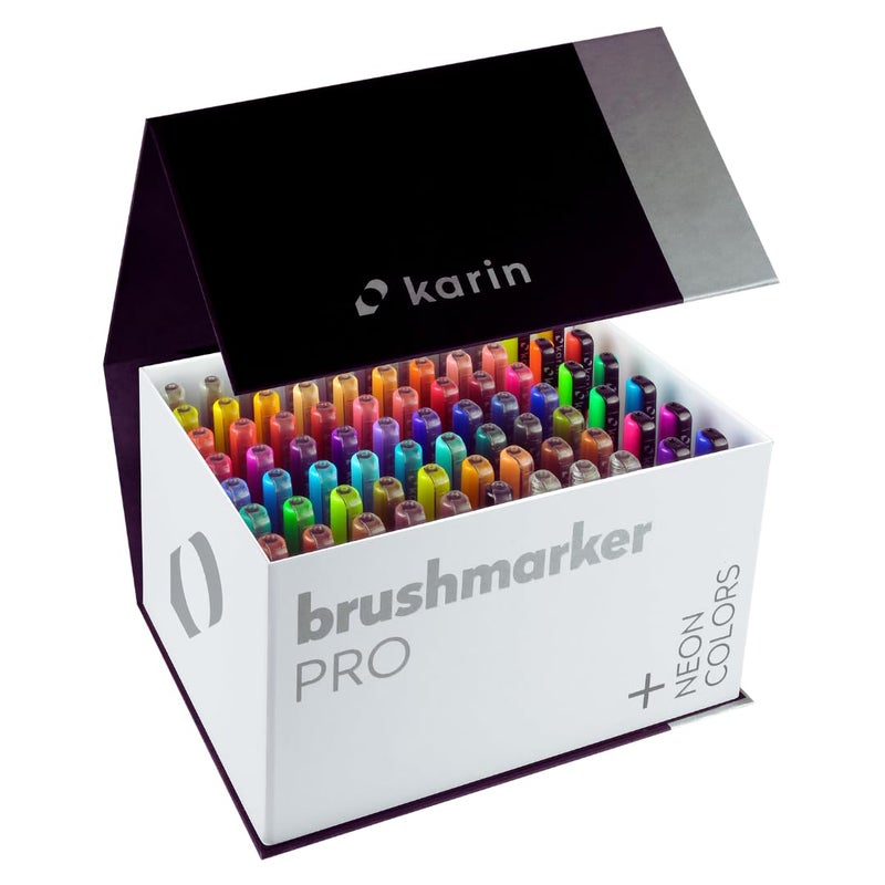 Karin Brushmarker Pro 75pc Mega Box Plus brush tip markers Set Blendable WaterBased Professional Grade Brush Markers for Adults and Artists 72 Colors and 3 Blenders in Exclusive Storage Case